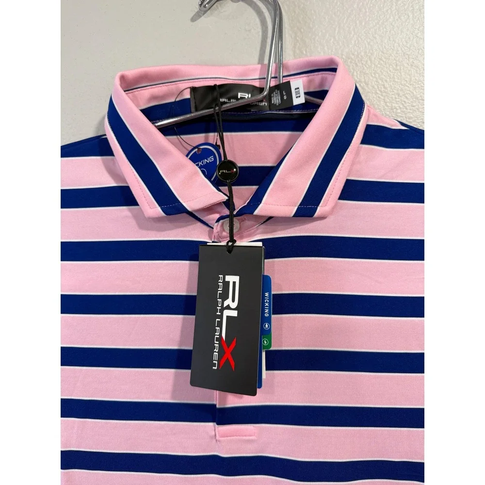 RLX Ralph Lauren Mens Pink Navy Striped Golf Polo Shirt L 785862953006‎ NEW